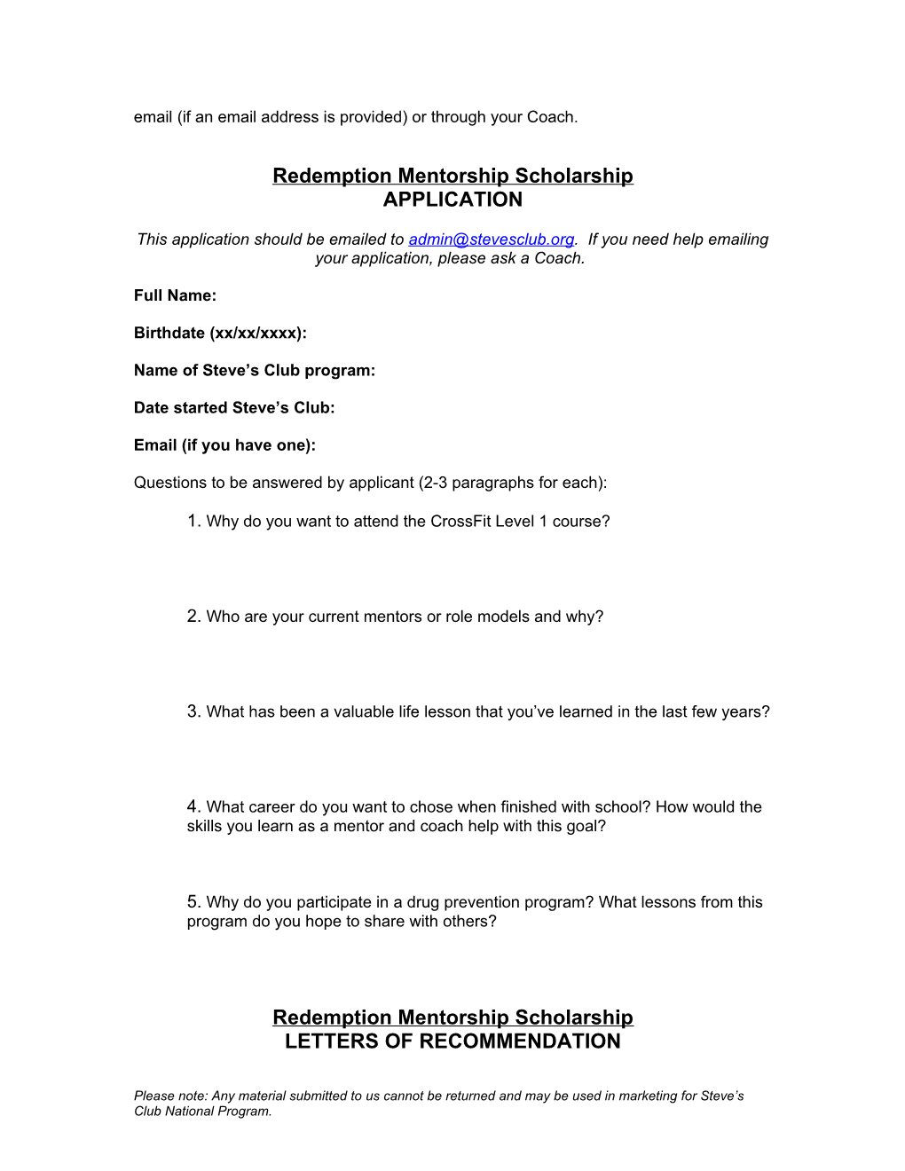 Redemption Mentorship Scholarship