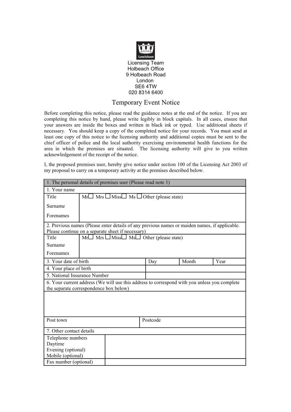 TEN Application Form