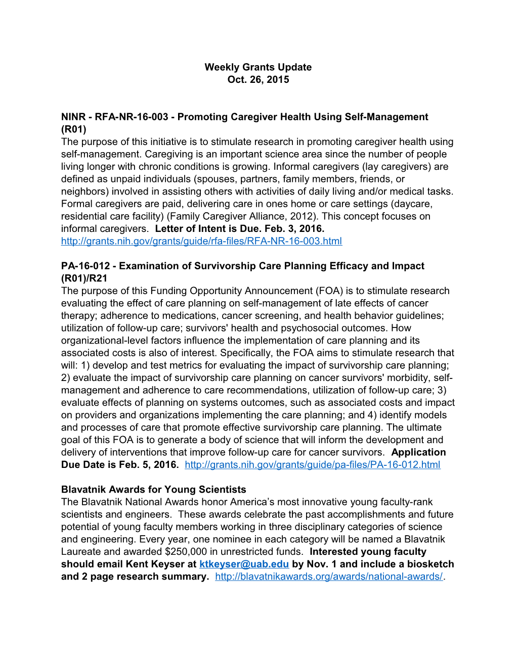 NINR - RFA-NR-16-003 - Promoting Caregiver Health Using Self-Management (R01)
