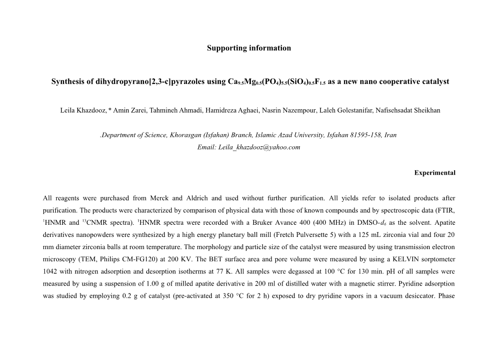 Synthesis of Dihydropyrano 2,3-C Pyrazolesusing Ca9.5Mg0.5(PO4)5.5(Sio4)0.5F1.5 As a New