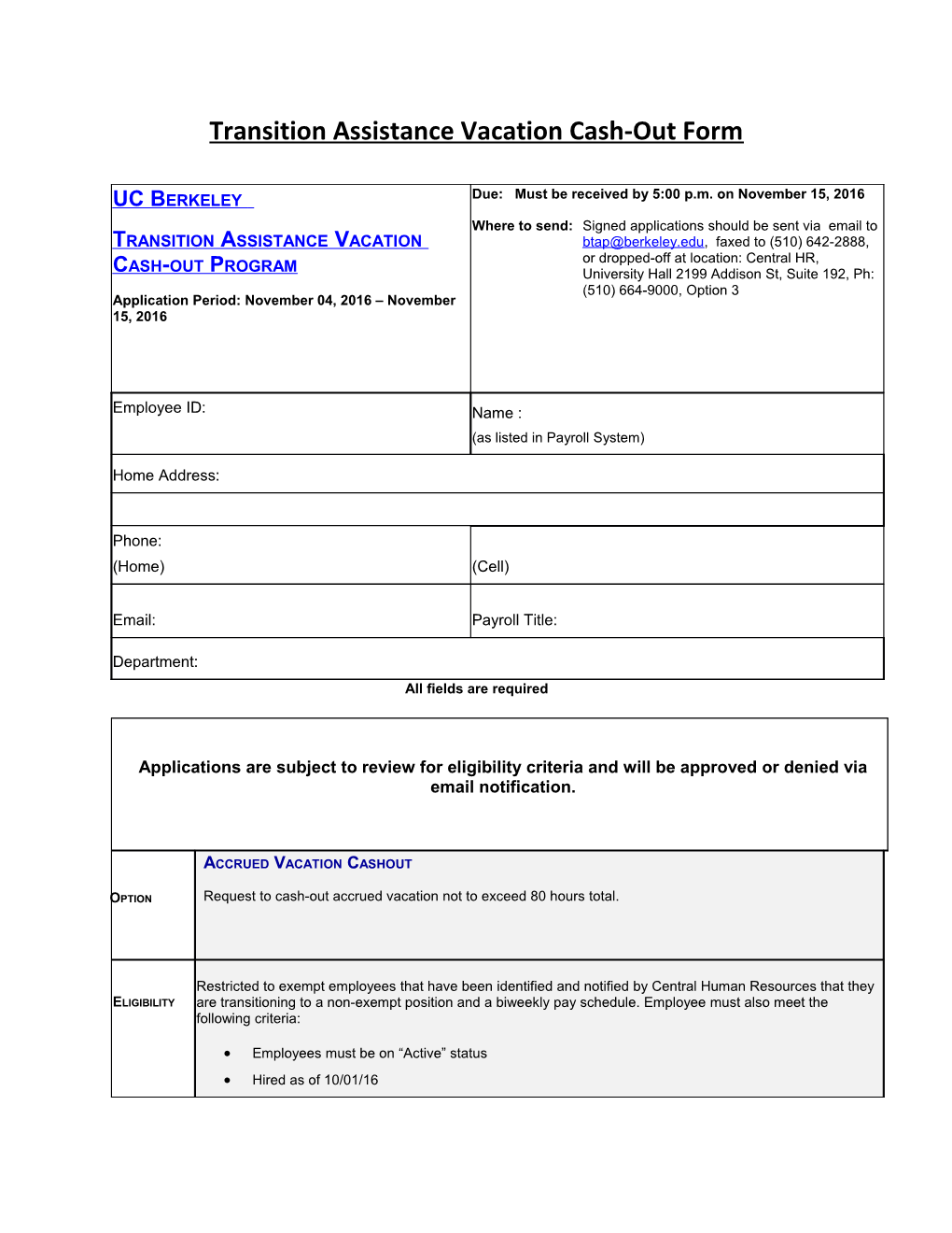 Transition Assistance Vacation Cash-Out Form