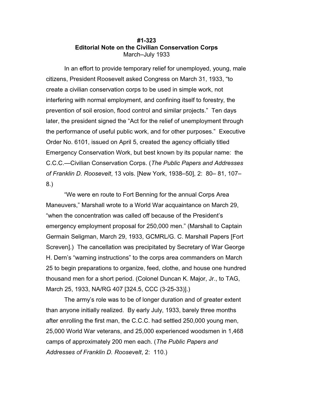 Editorial Note on the Civilian Conservation Corps