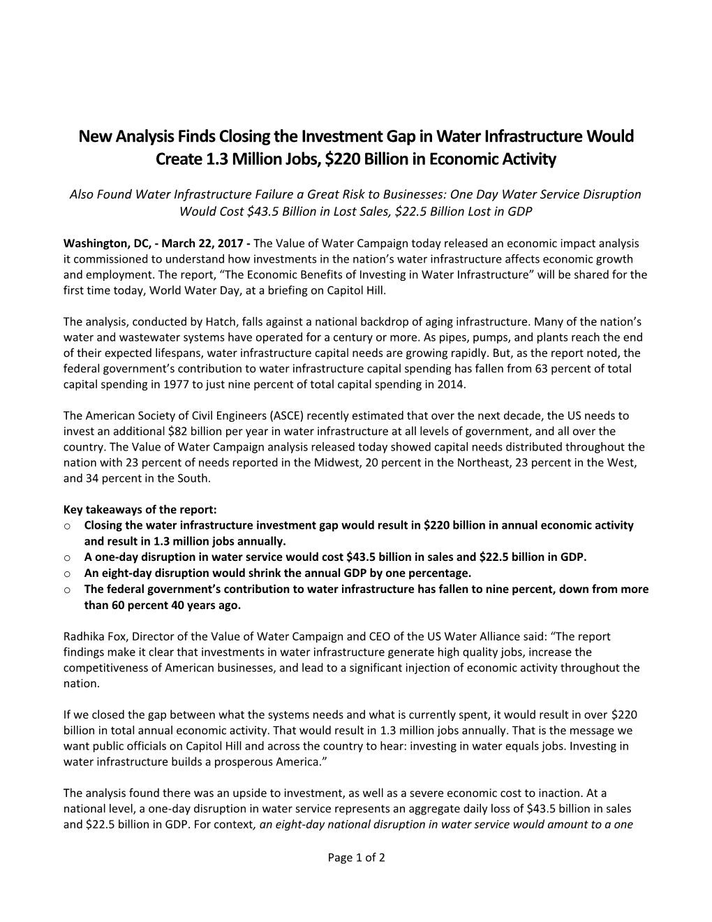 New Analysis Finds Closing the Investment Gap in Water Infrastructure Would Create 1.3