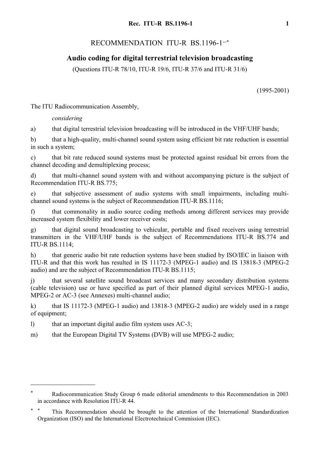RECOMMENDATION ITU-R BS.1196-1 - Audio Coding for Digital Terrestrial Television Broadcasting