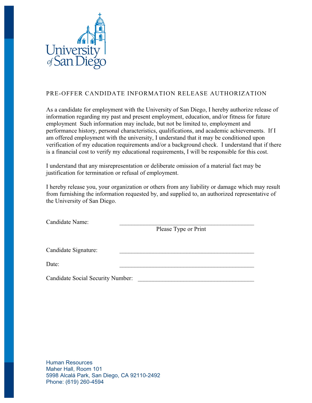 Pre-Offer Candidate Information Release Authorization