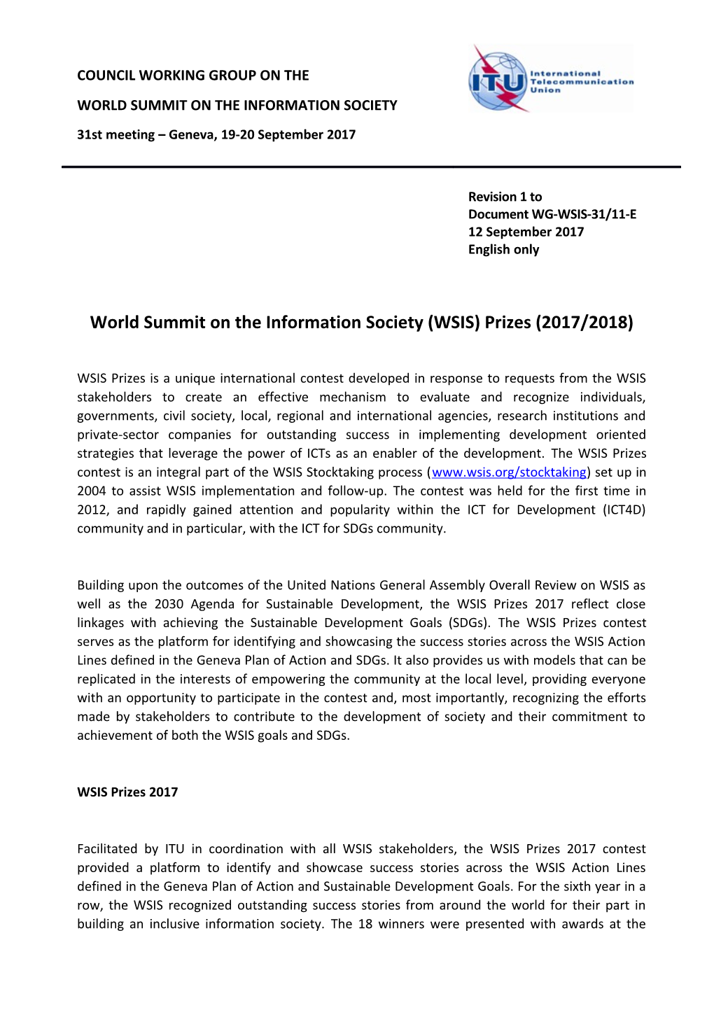 World Summit on the Information Society (WSIS) Prizes (2017/2018)