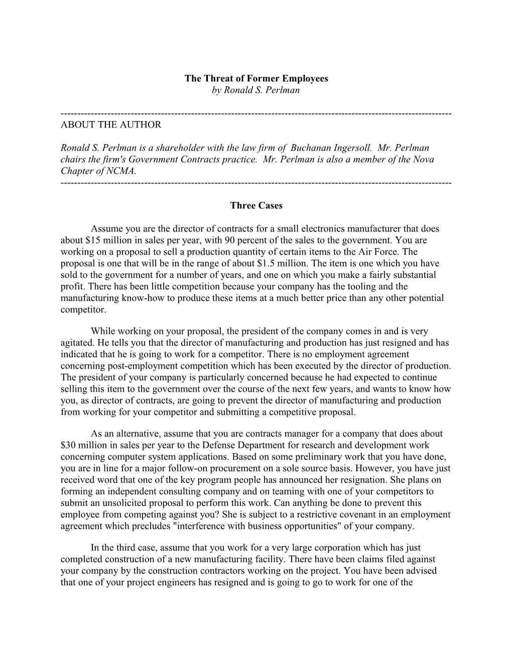 Article: the Threat of Former Employees by Ron Perlman