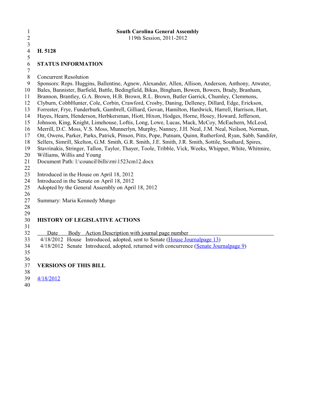 2011-2012 Bill 5128: Maria Kennedy Mungo - South Carolina Legislature Online