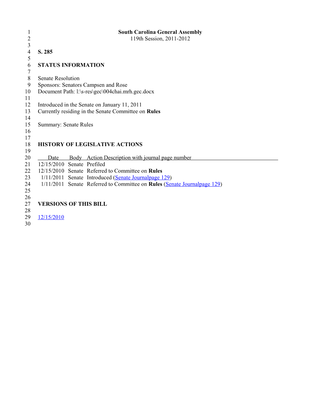 2011-2012 Bill 285: Senate Rules - South Carolina Legislature Online