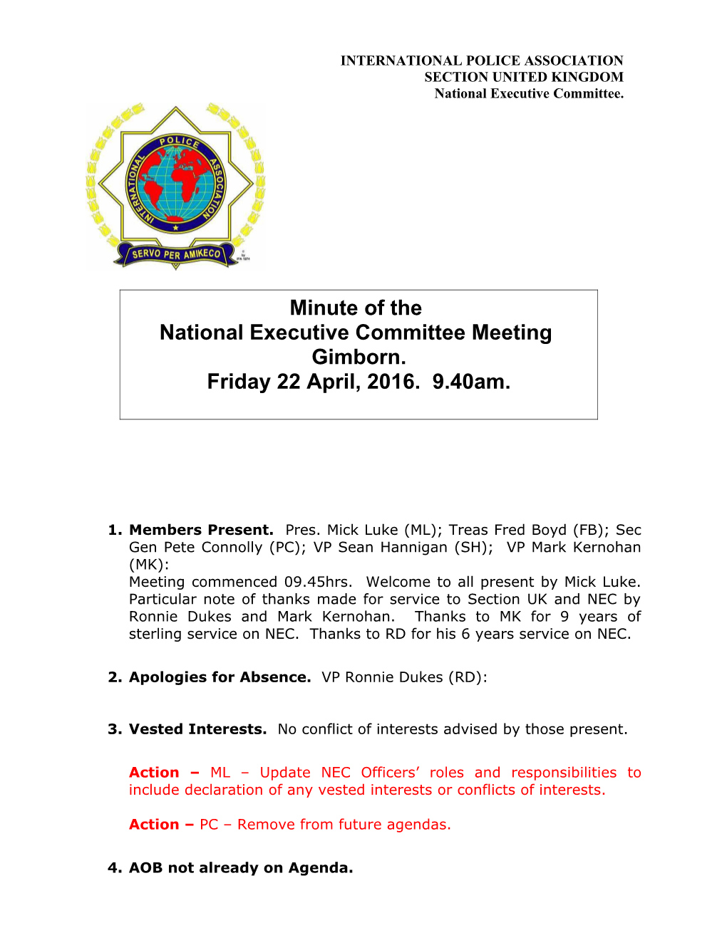 Minutes of the National Executive Committee Meeting, International Police Association