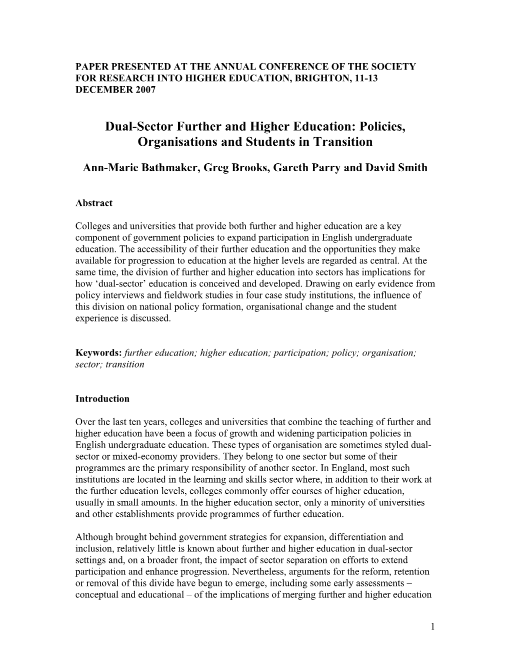 Dual-Sector Further and Higher Education: Policies, Organisations and Students in Transition