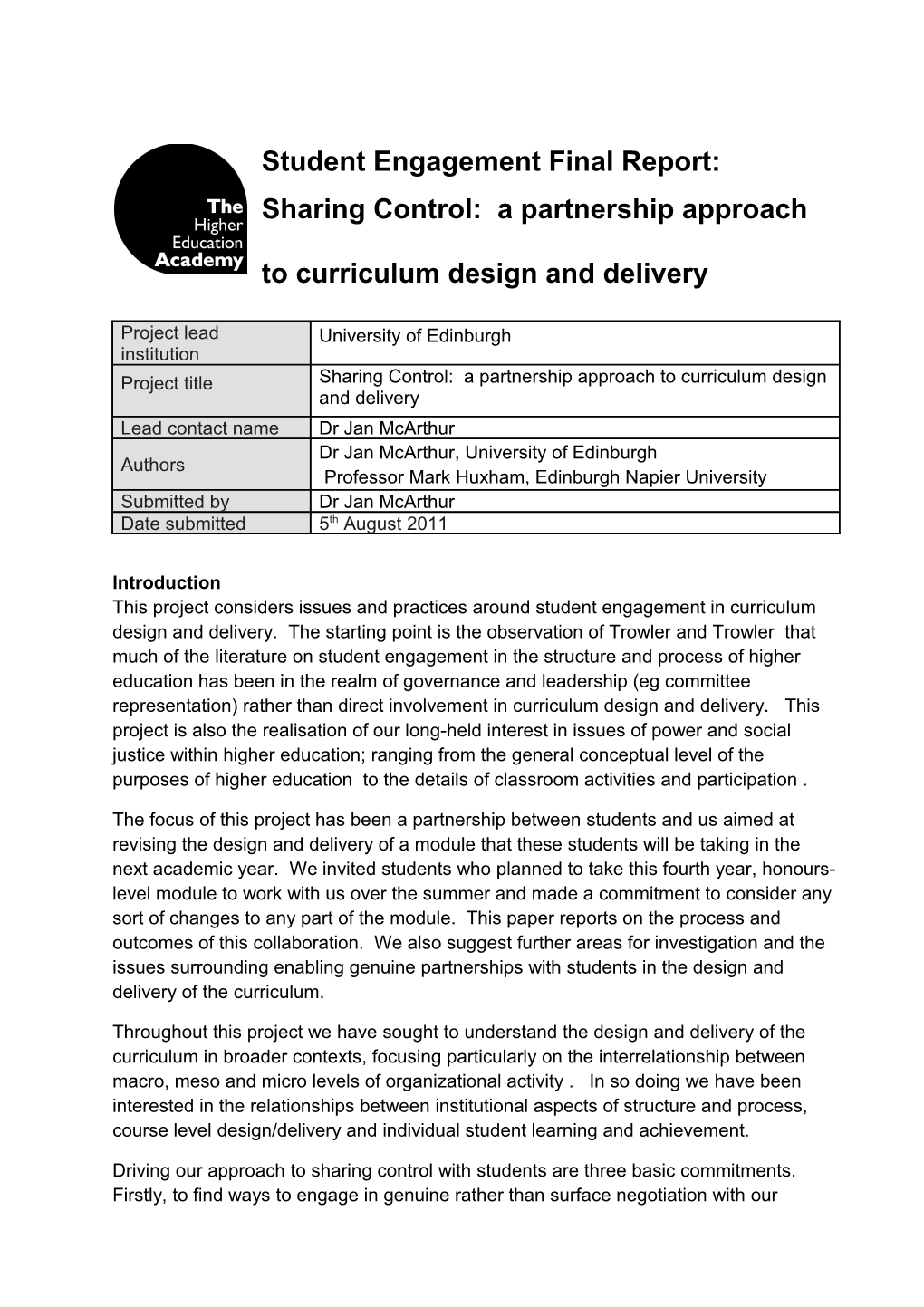 Sharing Control: a Partnership Approach to Curriculum Design and Delivery