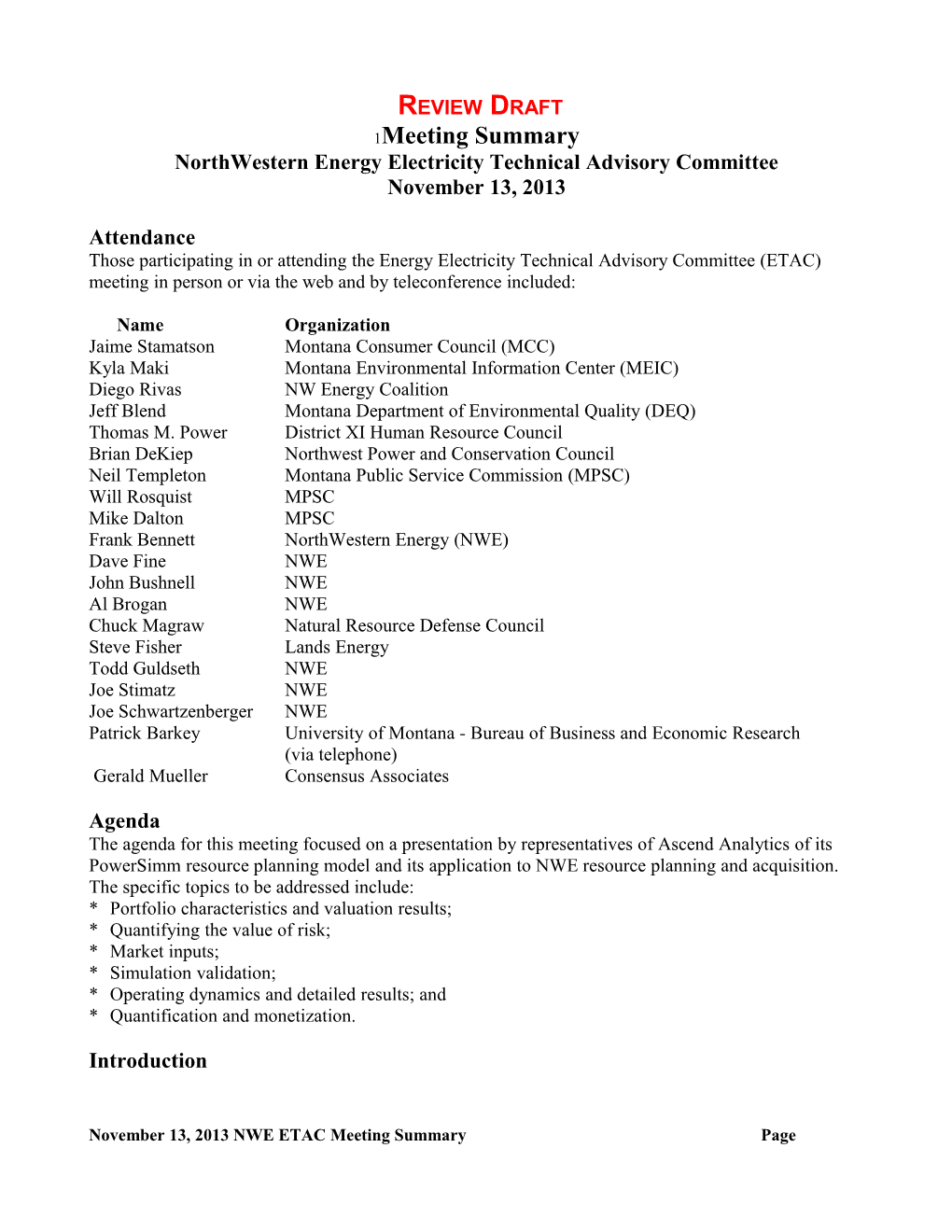 Northwestern Energy Electricity Technical Advisory Committee
