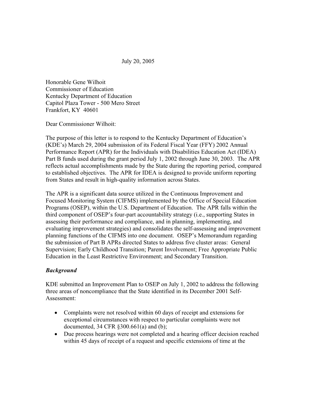 Kentucky Part B APR Letter for Grant Year 2002-2003. (MS Word)