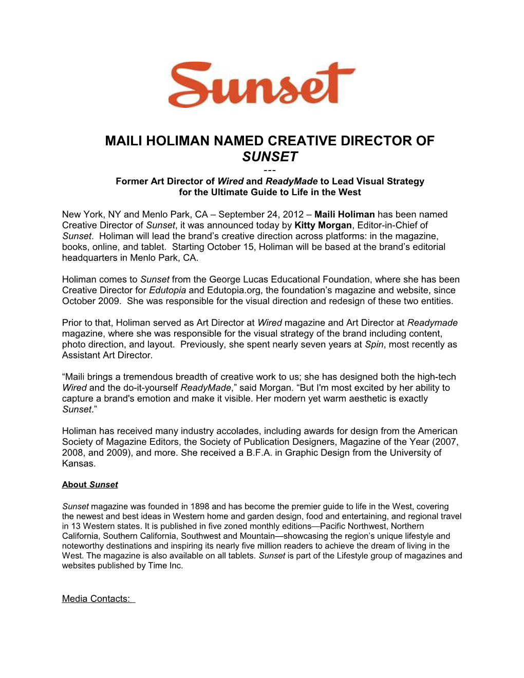 Maili Holiman Named Creative Director of Sunset