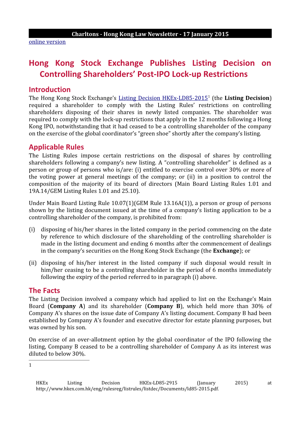 Charltons - Hong Kong Law Newsletter - 17 January 2015