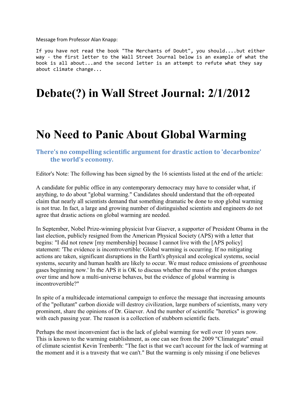Debate(?) in Wall Street Journal: 2/1/2012