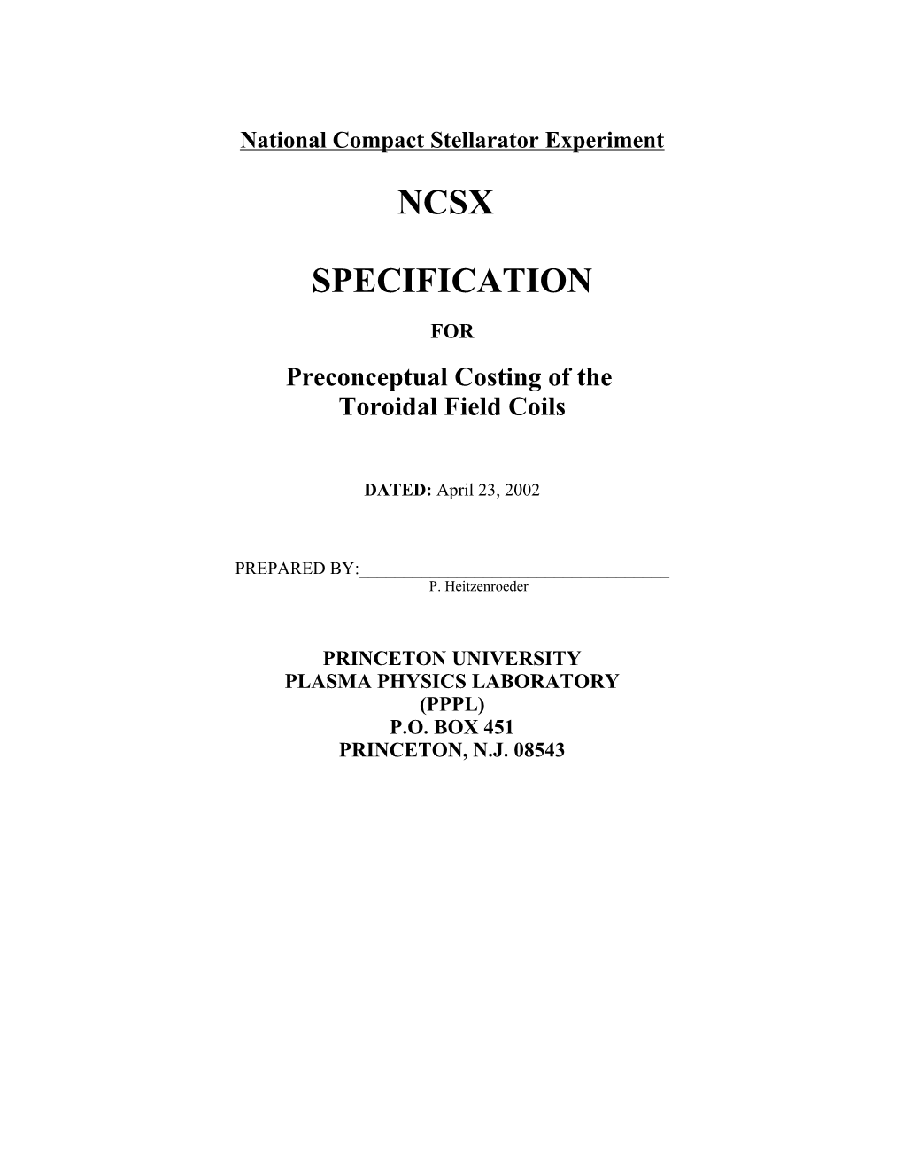 NCSX TF Coil Spec