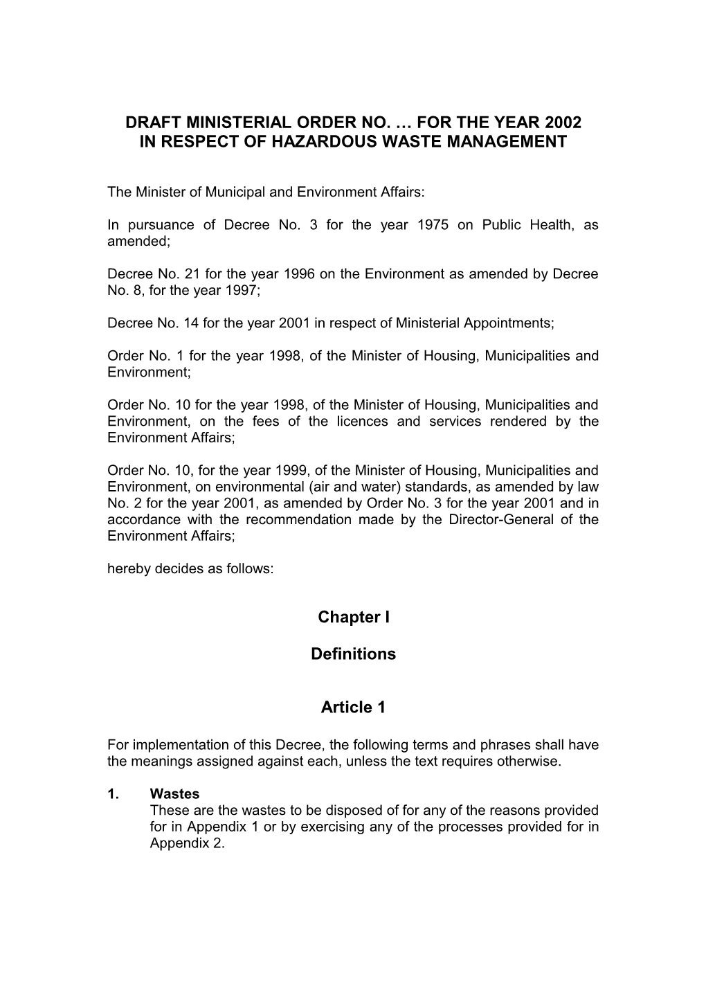 Draft Ministerial Order No. for the Year 2002