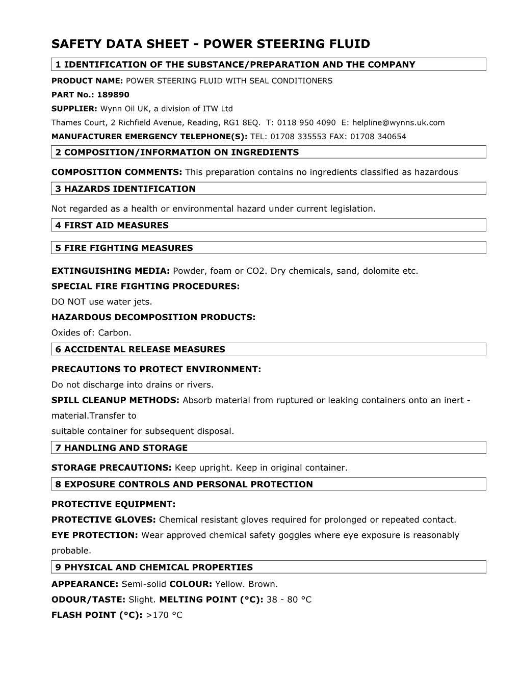 Safety Data Sheet - Power Steering Fluid