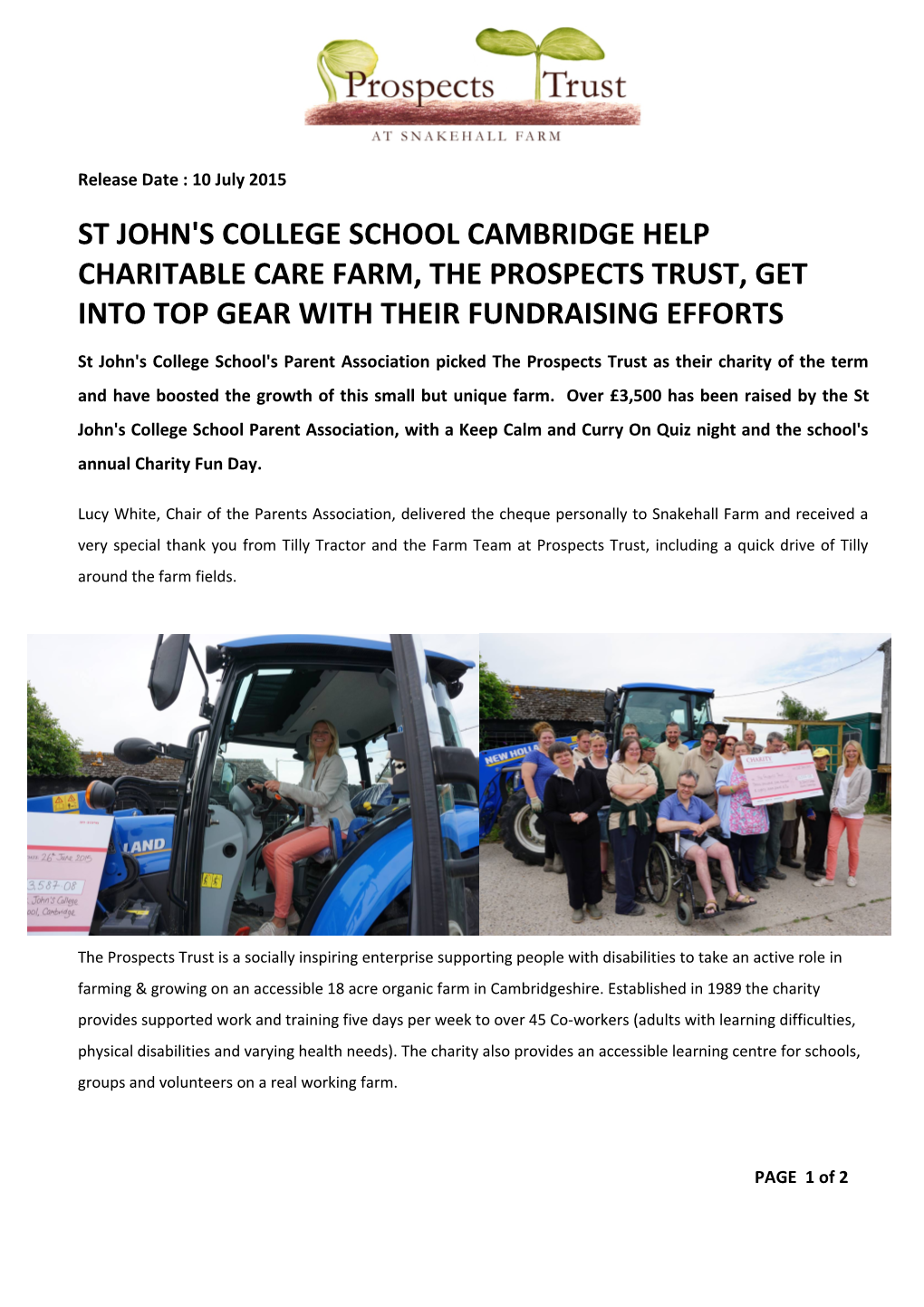 St John's College School Cambridge Help Charitable Care Farm, the Prospects Trust, Get