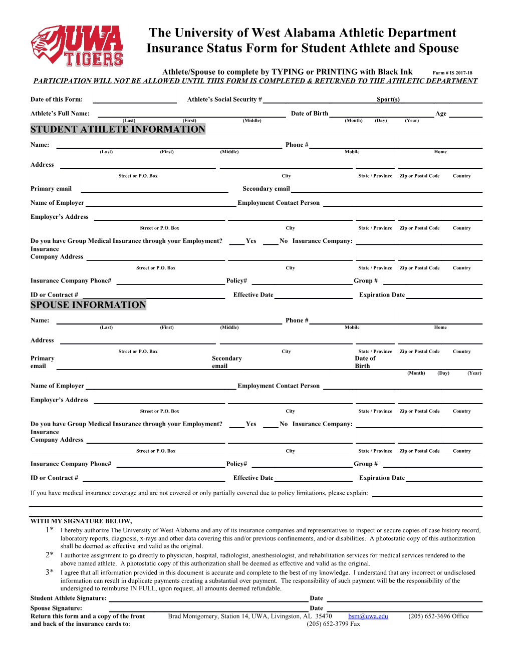 Participation Will Not Be Allowed Until This Form Is Completed & Returned to the Athletic