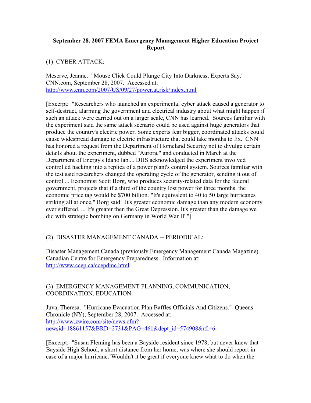 September 28, 2007 FEMA Emergency Management Higher Education Project Report