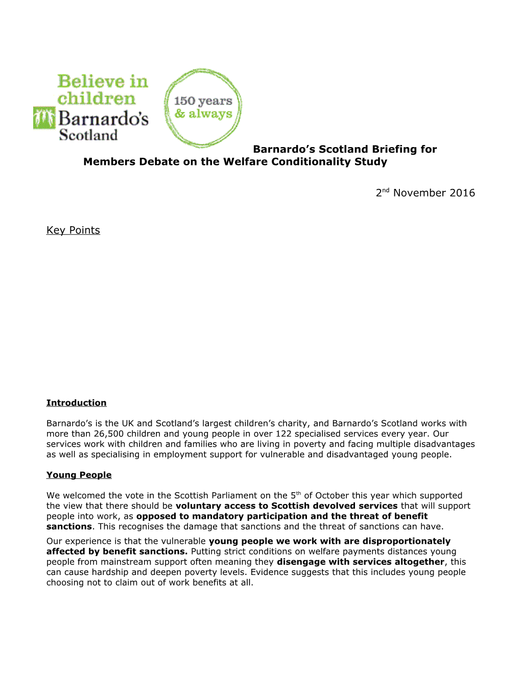 Barnardo S Scotland Briefing for Members Debate on the Welfare Conditionality Study