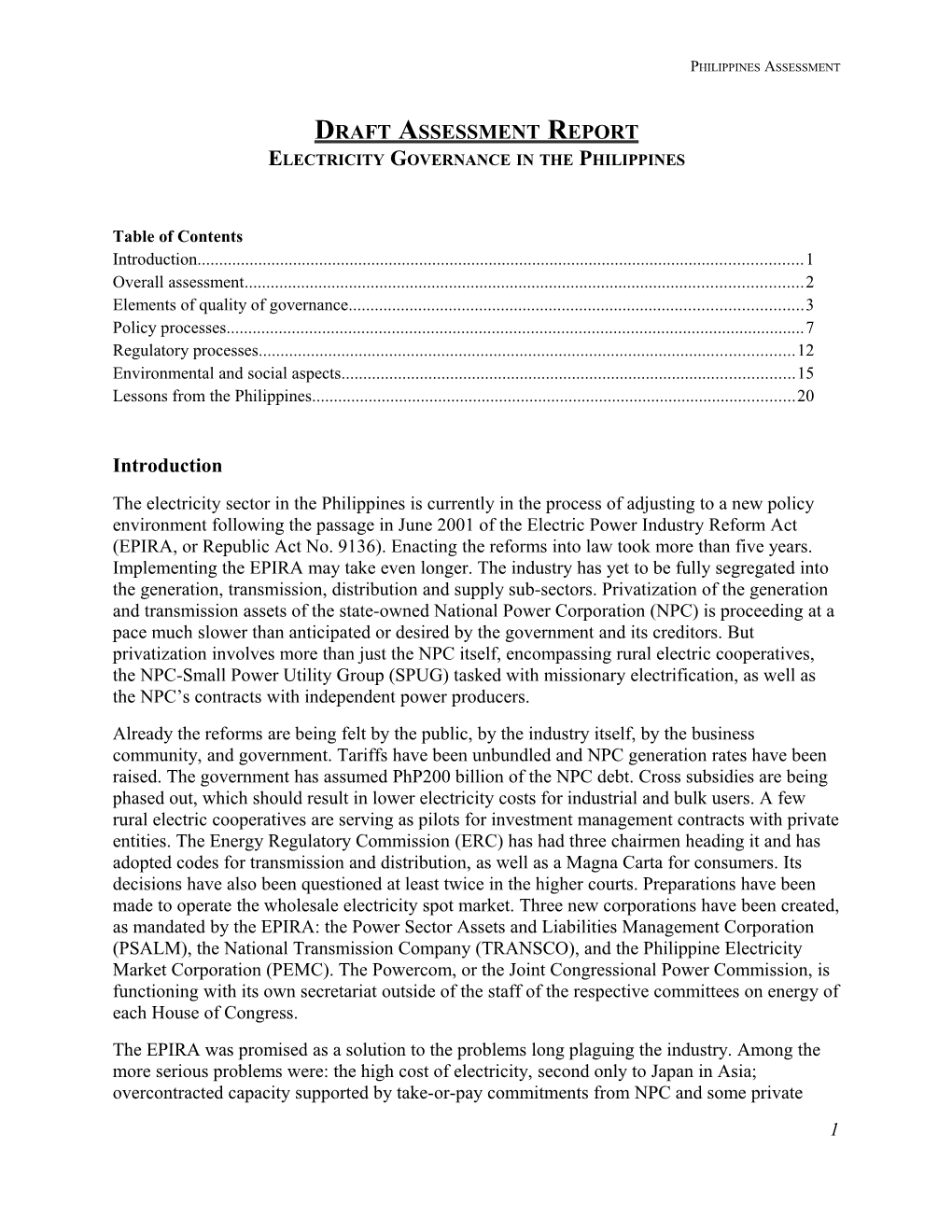 Draft Assessment Report Electricity Governance in the Philippines