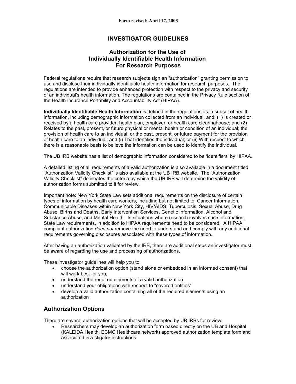 Ub Hipaa Research Authorization Guidelines