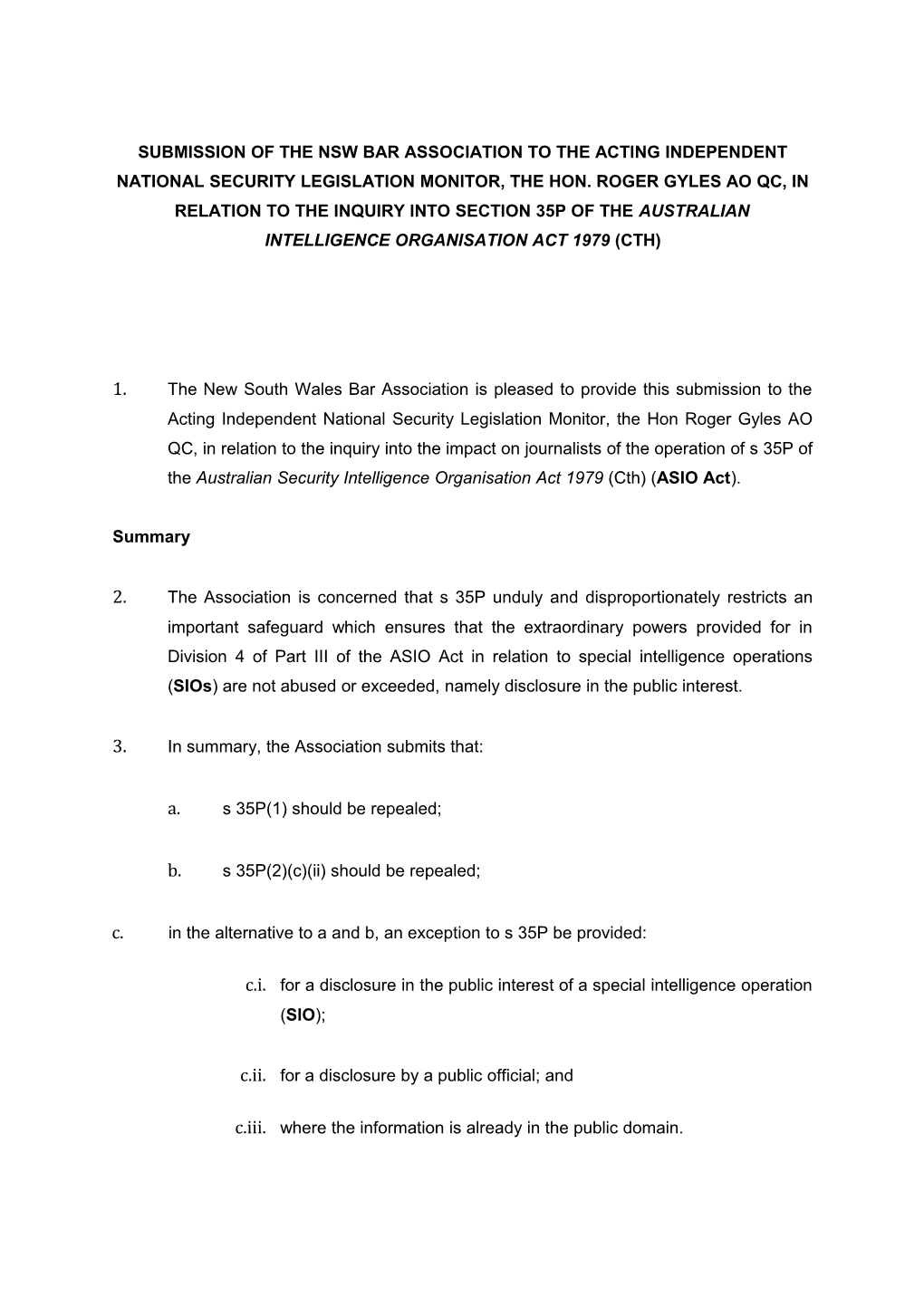 Submission of the Nsw Bar Association to the Attorney-General S Department