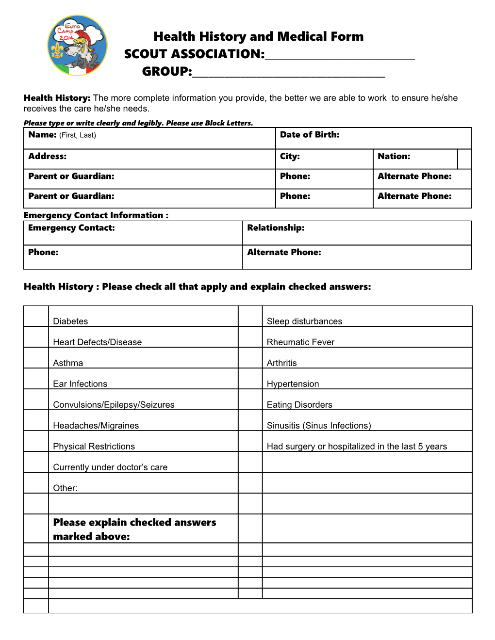 Girl Scouts Health History and Medical Examination Form for Minors