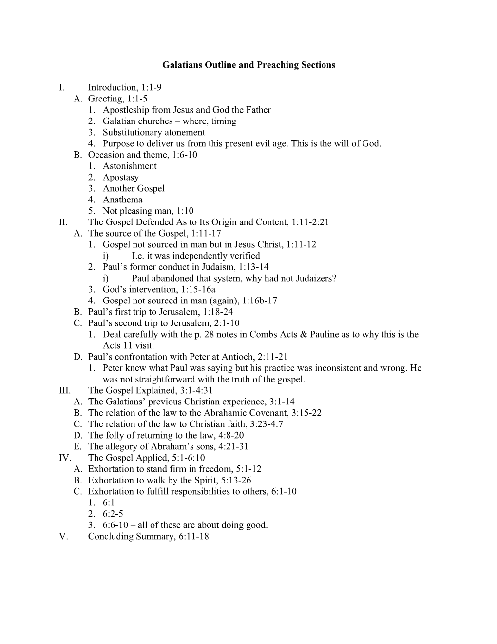 Galatians Outline and Preaching Sections