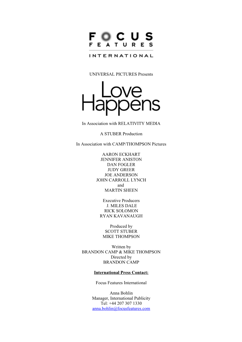 Love Happens Production Information 1