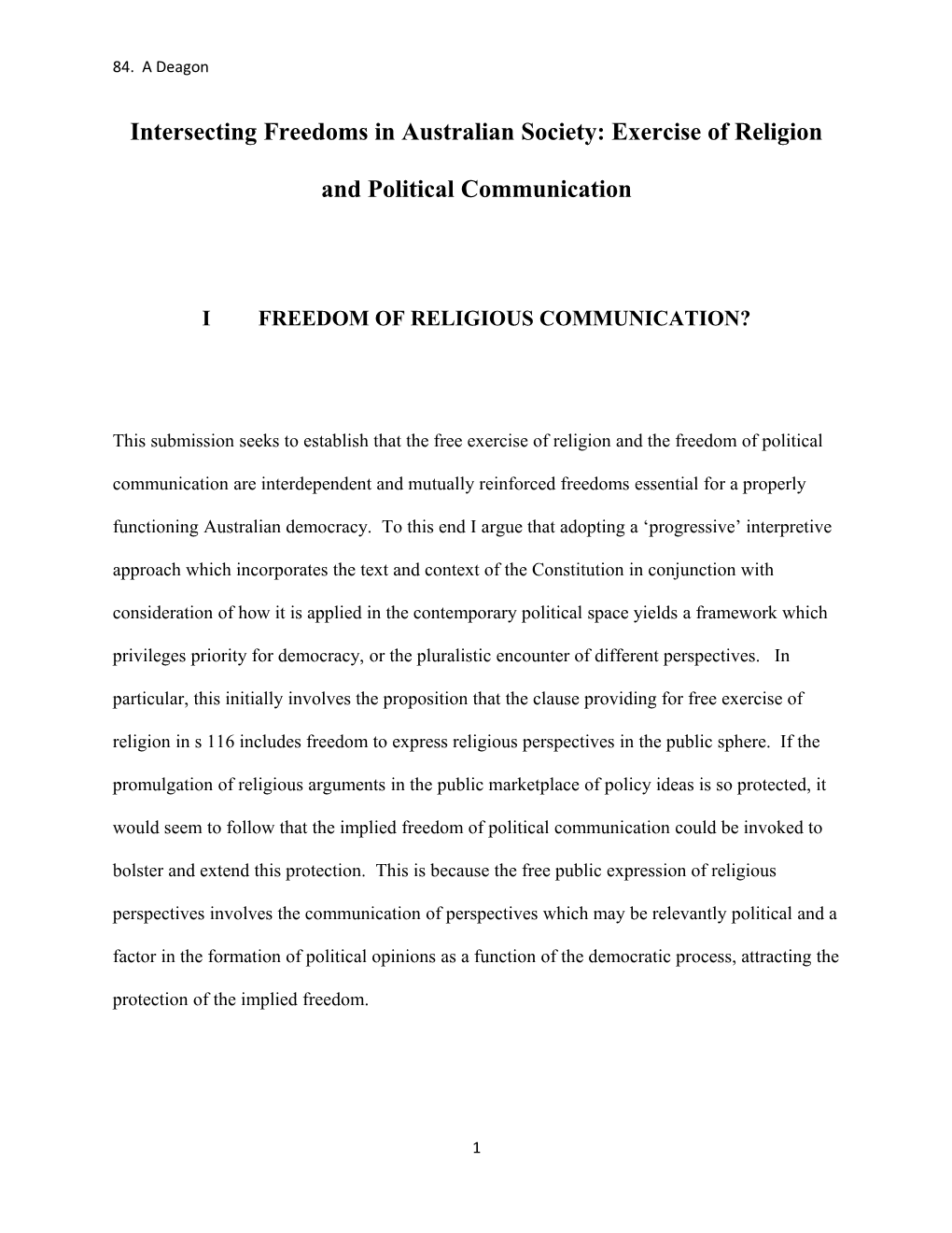 Intersecting Freedoms in Australian Society: Exercise of Religion and Political Communication