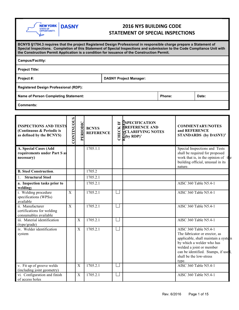 Statement of Special Inspections & Tests