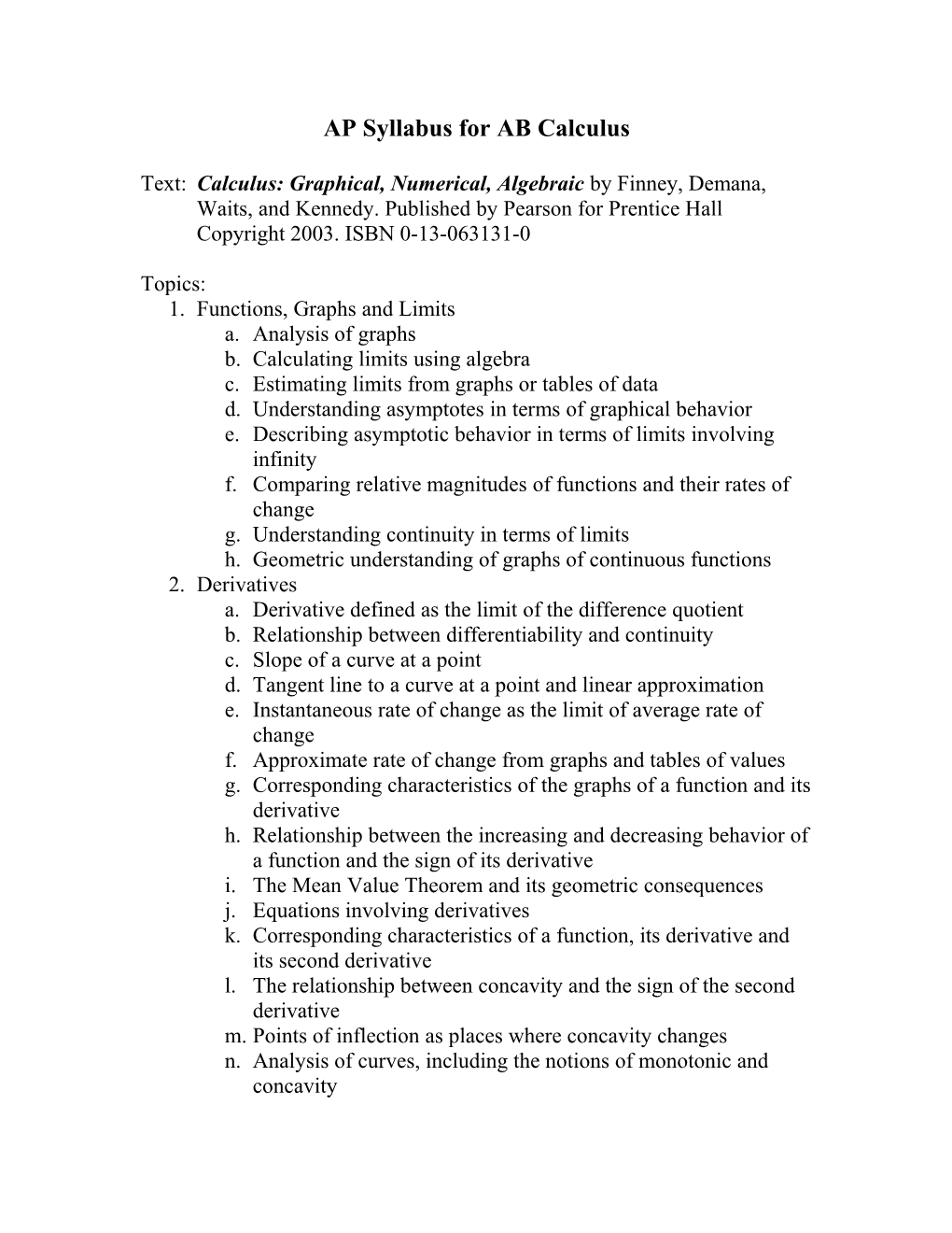 AP Syllabus for AB Calculus