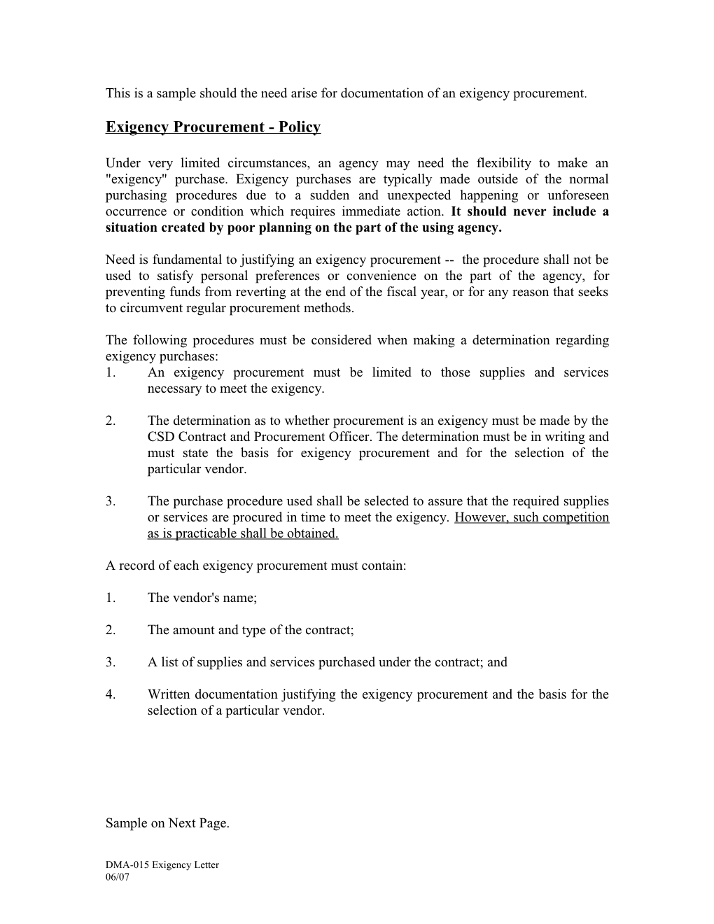 This Is a Sample Should the Need Arise for Documentation of an Exigency Procurement