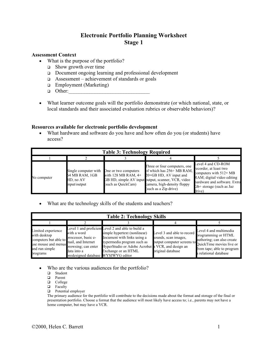 Electronic Portfolio Planning Worksheet