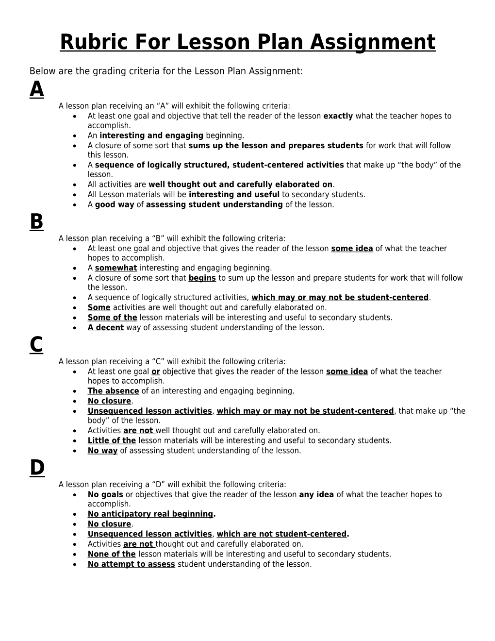 Rubric for Lesson Plan Assignment