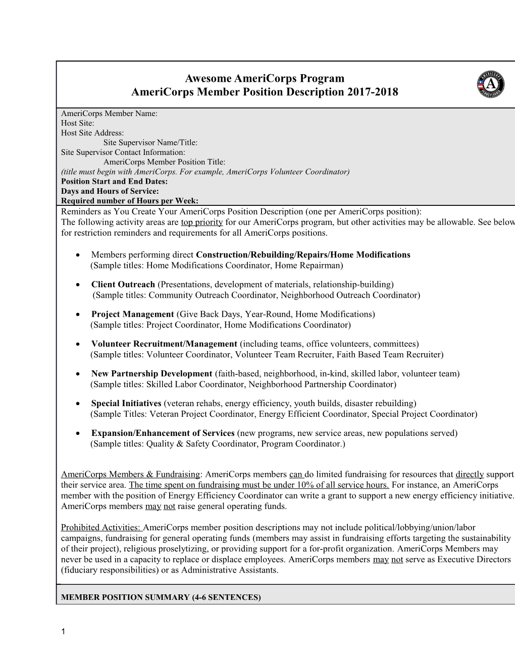 Americorps Member Position Description 2017-2018