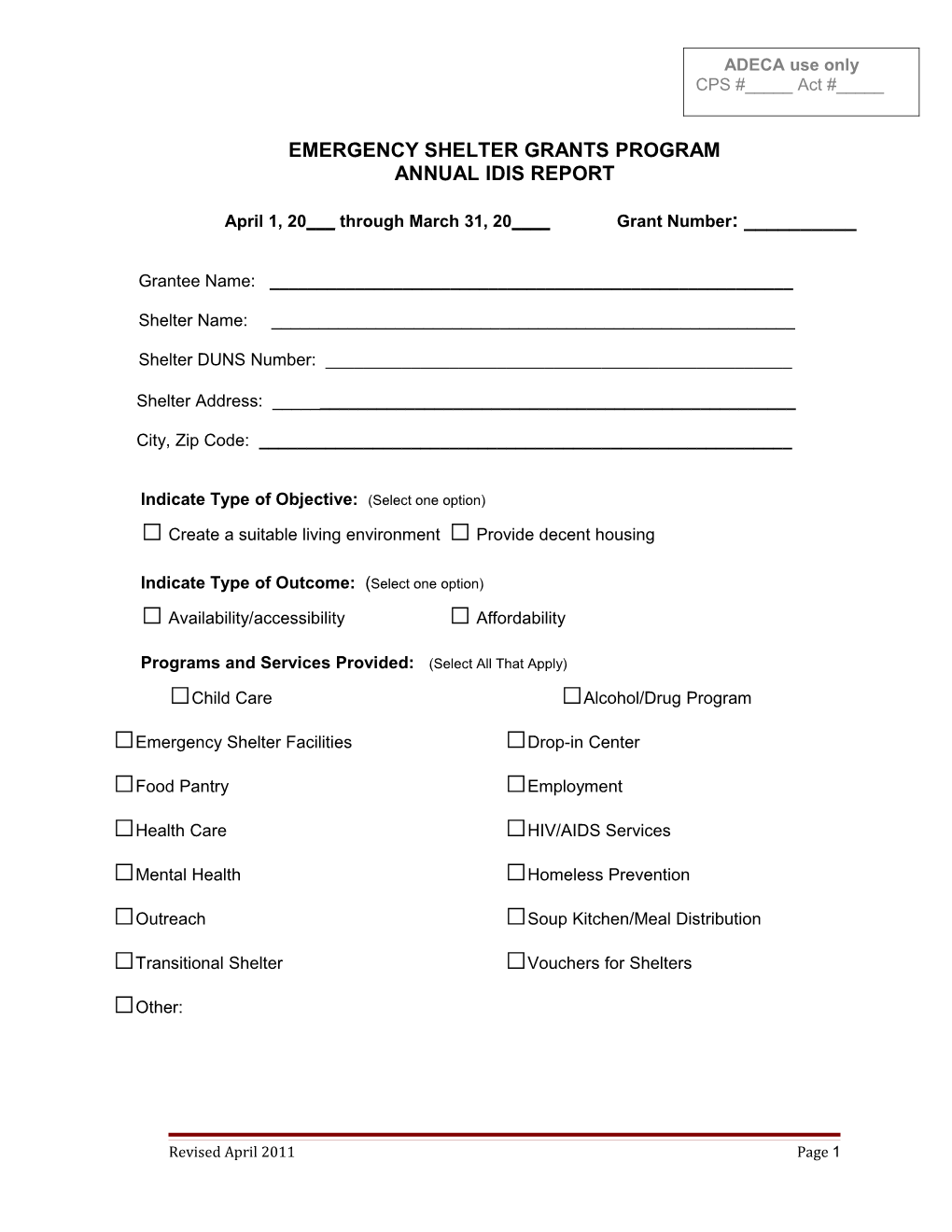 Annual IDIS Report Form Revised April 2011