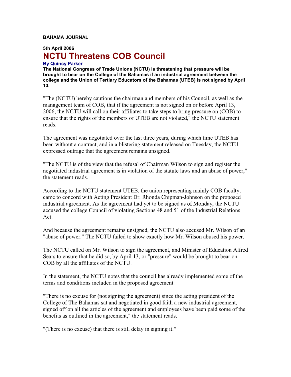 NCTU Threatens COB Council