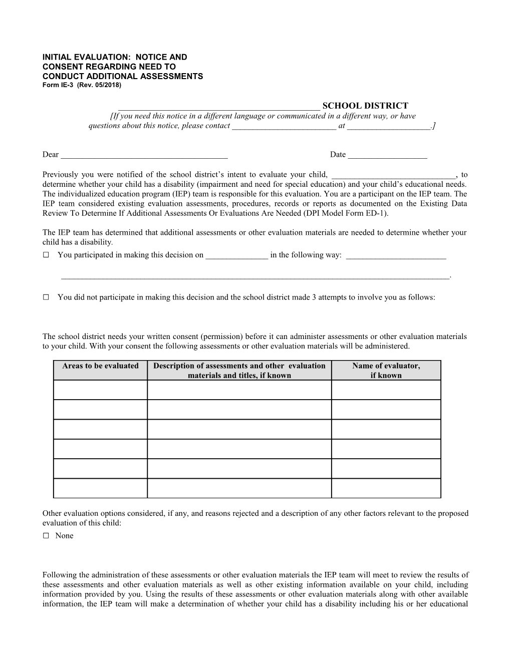 Sample Special Education Forms: IE-3