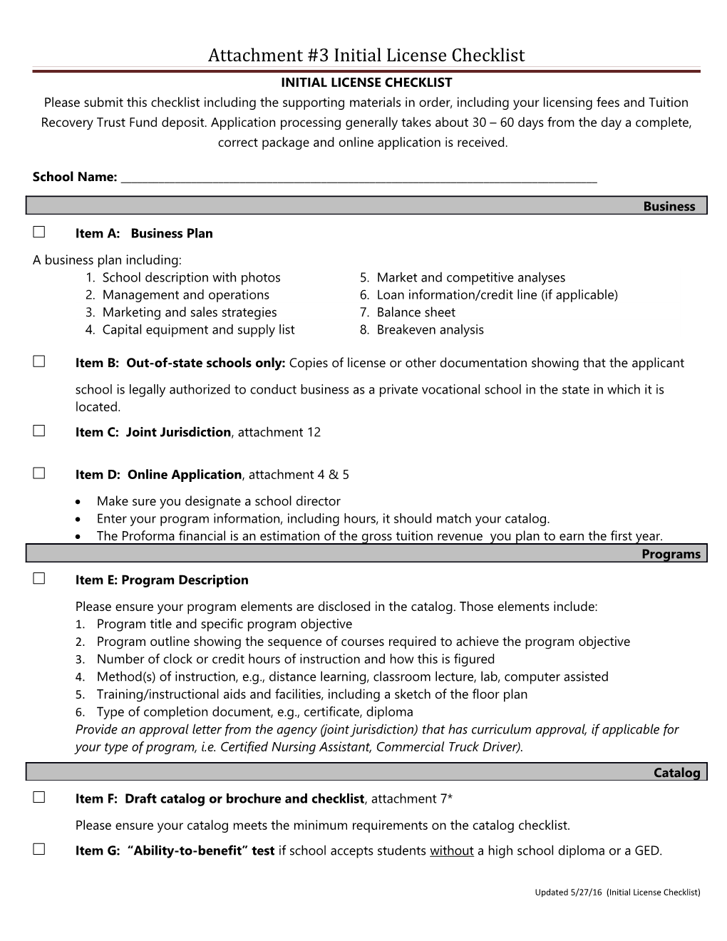 Attachment #3 Initial License Checklist