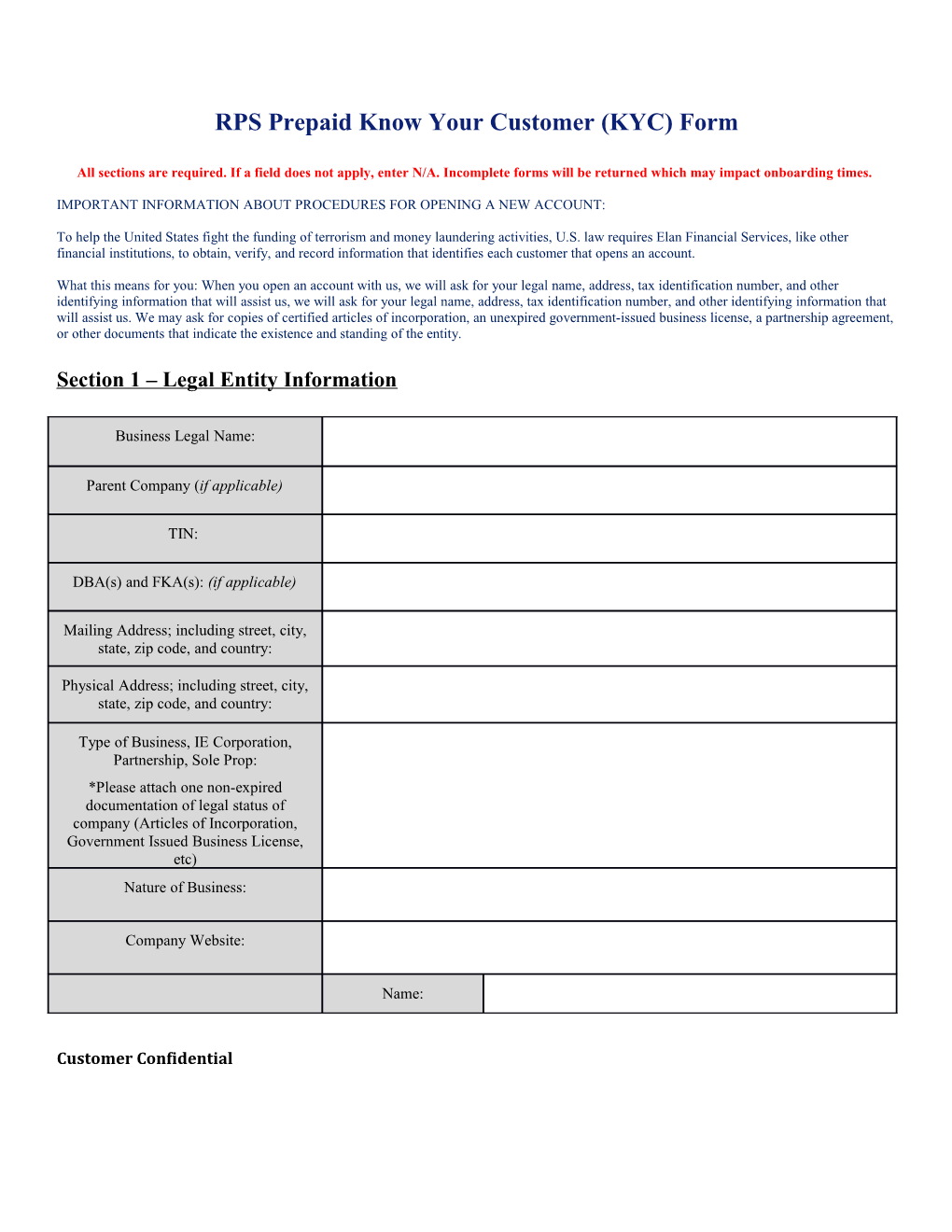 RPS Prepaid Know Your Customer (KYC) Form