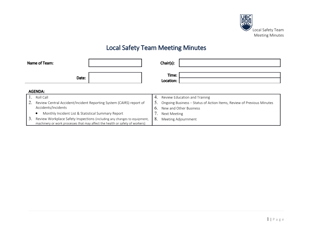 Local Safety Teammeeting Minutes