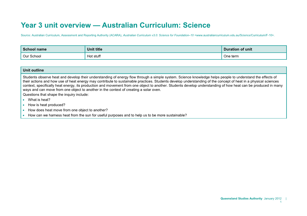 Year 3 Unit Overview Australian Curriculum: Science