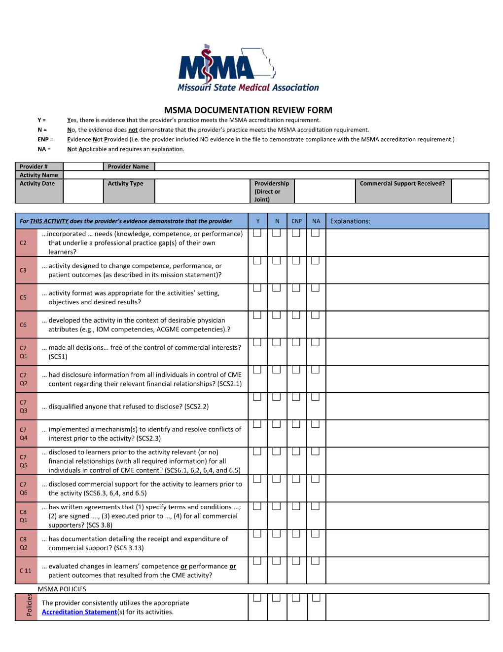 Documentation Review Form - UPDATED February 2014