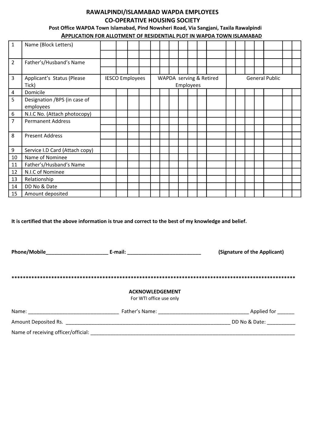 Application for Allotment of Residential Plot in Wapda Townislamabad